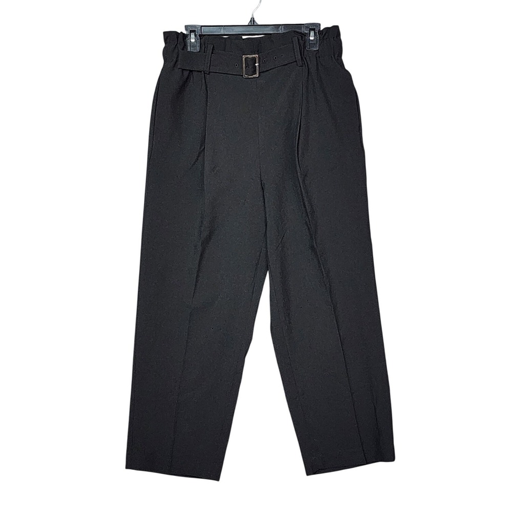 DKNY Paperbag Waist Dress Pants Belted Pleated Straight Leg Size 14 Black